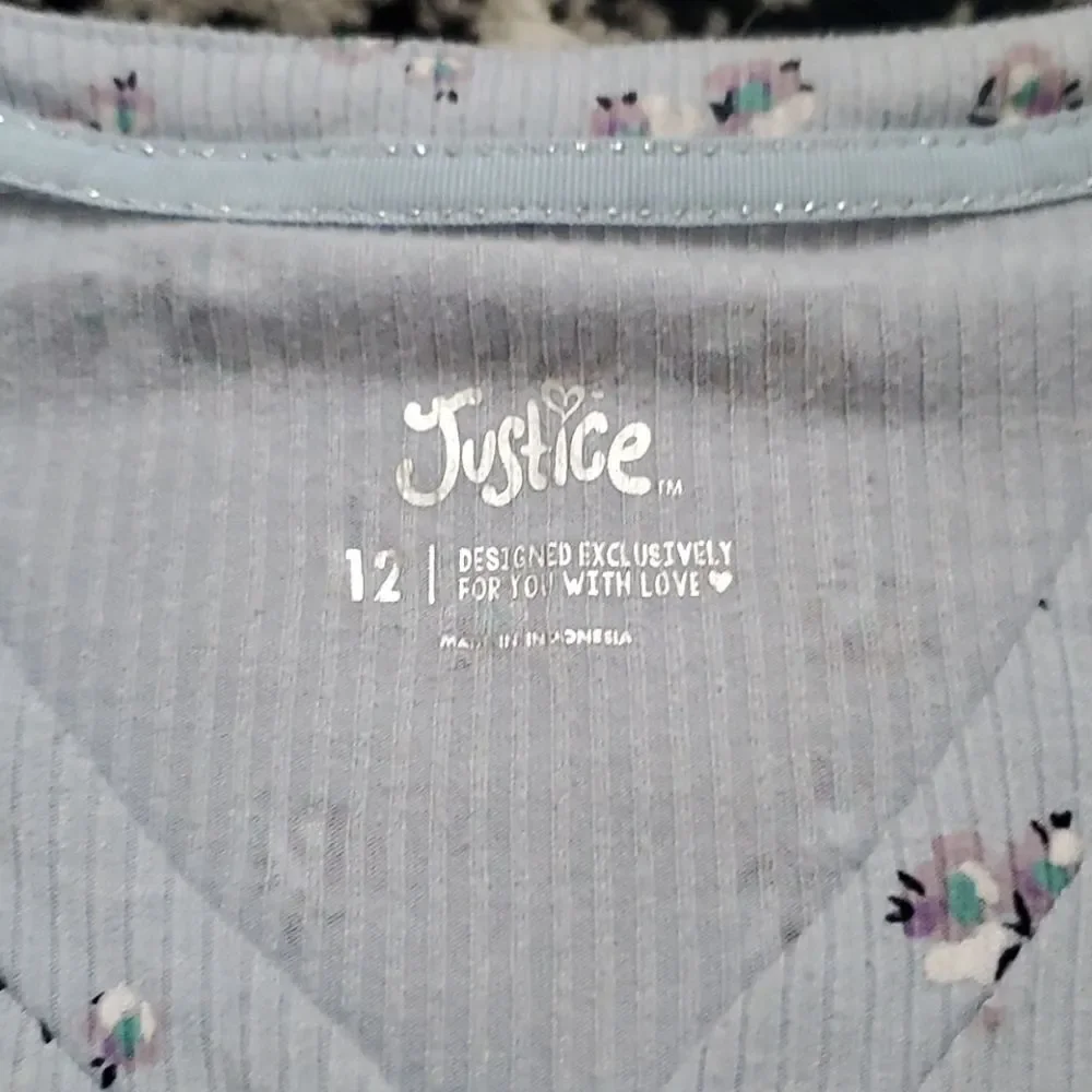 Justice Girls Size 12 Light Blue Lace Edged Button Down Floral Top